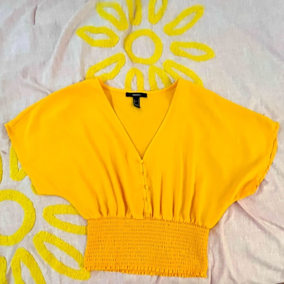 SOLD - NWOT Forever 21 Yellow Smocked Crop Fake Button Flounce Blouse Size S - Picture 1 of 6